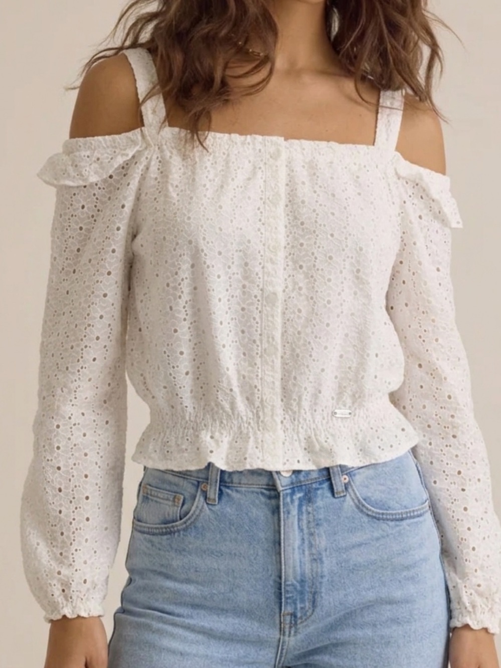 Teenie Weenie White Embroidered Eyelet Top Size M Cropped Smocked Long Sleeve